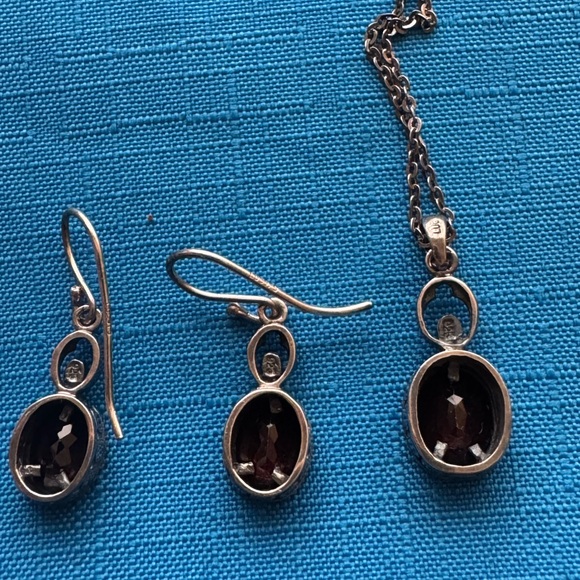 Garnet Stone Sterling Silver 925 Pendant Necklace & Earrings Set